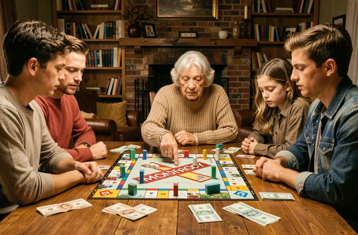 Famille réunie autour d'un plateau de Monopoly classique sur une table en bois dans un salon chaleureux