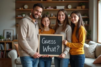 Famille recomposée souriante avec femme enceinte et enfants