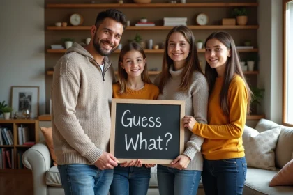 Famille recompos&eacute;e souriante avec femme enceinte et enfants