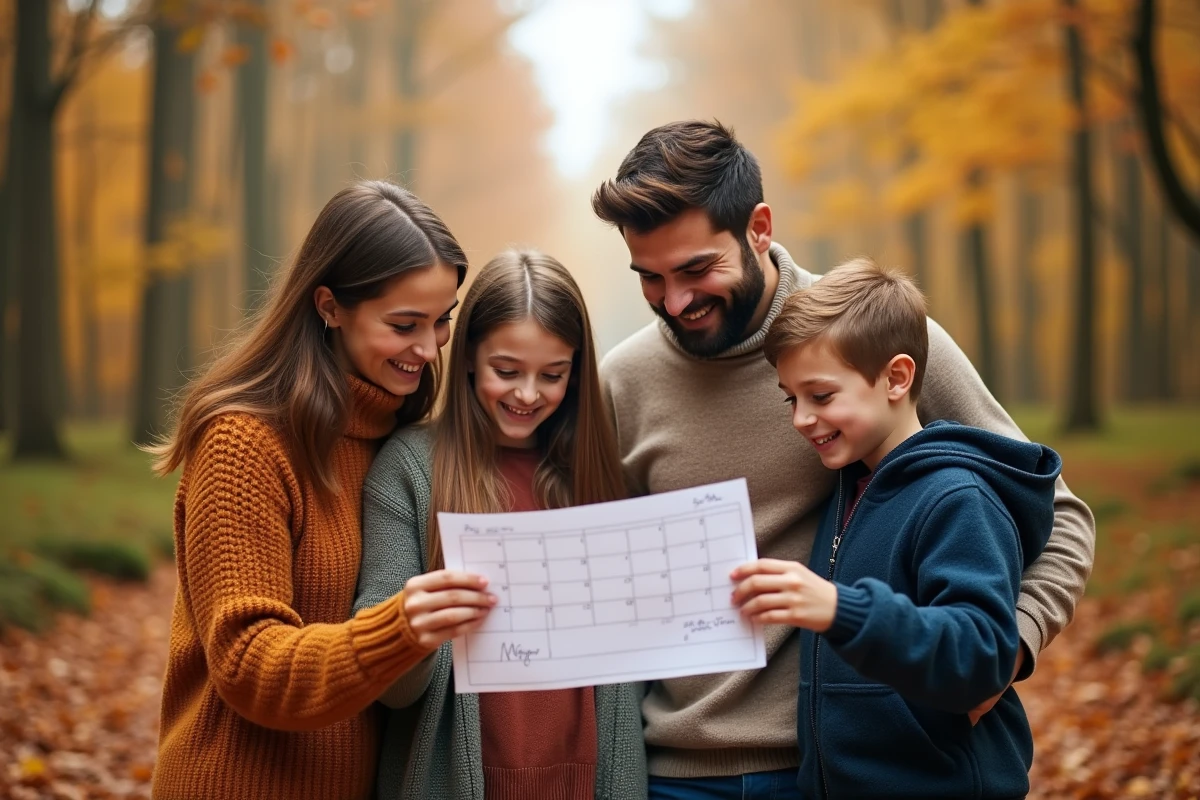 Famille consultant un calendrier des vacances scolaires de zone en forêt automnale en octobre