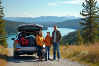 Famille souriante devant leur SUV en pleine nature canadienne