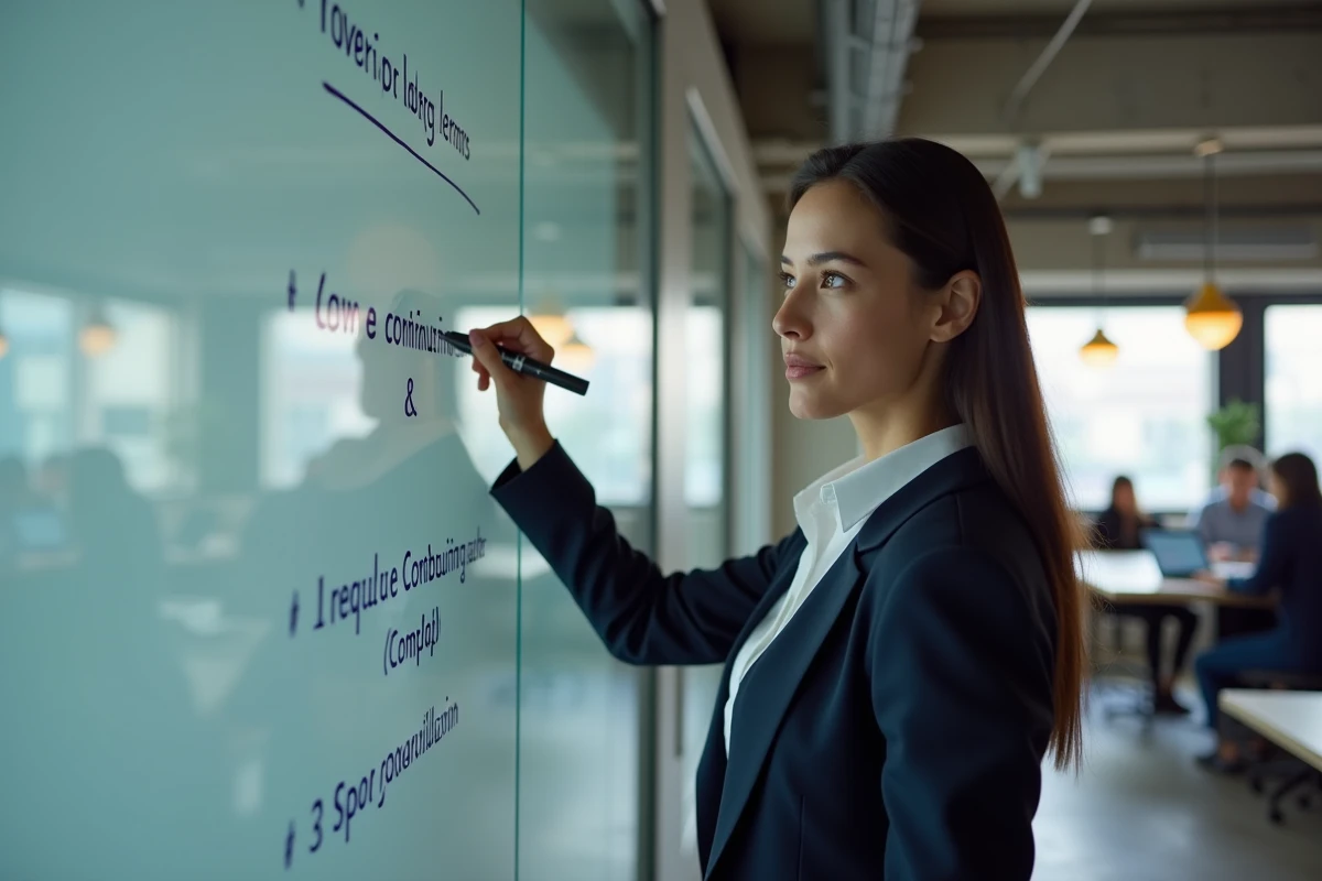 Femme d'affaires présentant les règles d'apport en société au tableau dans un bureau moderne, en référence aux pièges juridiques de l'article 1832-2 du Code civil