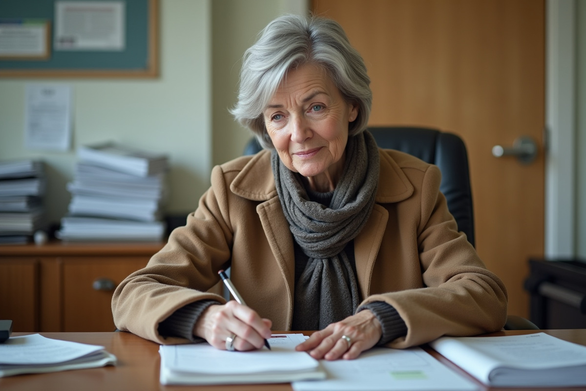 Femme remplissant des formulaires d'aide sociale dans un bureau