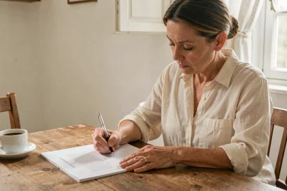 Femme remplissant une attestation d'hébergement à la table de sa cuisine dans un appartement français