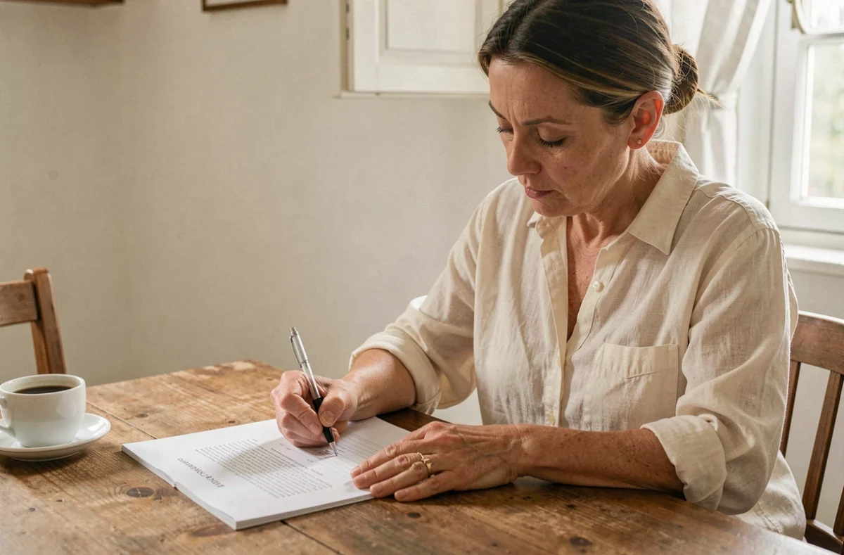Femme remplissant une attestation d'hébergement à la table de sa cuisine dans un appartement français