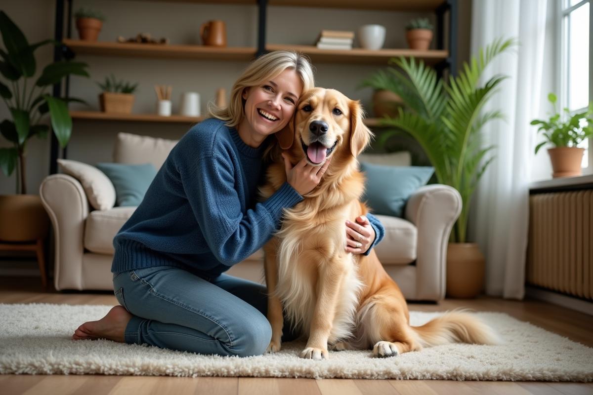Femme en pull bleu avec chien golden retriever dans salon chaleureux