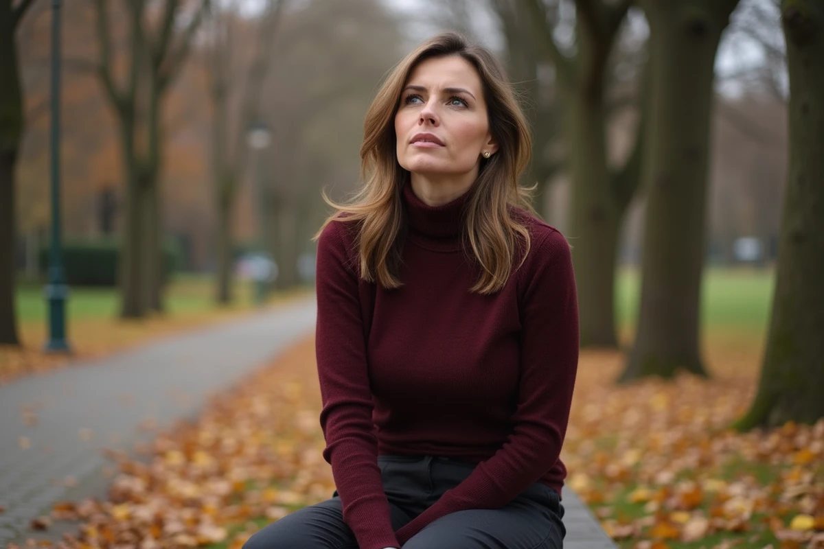 Femme assise sur un banc de parc en automne dans une attitude contemplative évoquant le désir d'enfant et les choix personnels