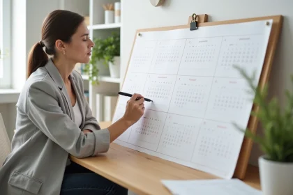 Femme organisant son planning avec un calendrier 2026 semaines paires et impaires affiché sur un bureau en bois