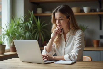 Femme comparant deux calendriers sur son ordinateur à la maison