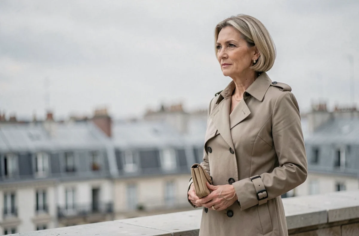 Femme élégante dans la cinquantaine sur une terrasse avec vue sur les toits parisiens, symbolisant la dualité entre vie publique et besoin de discrétion