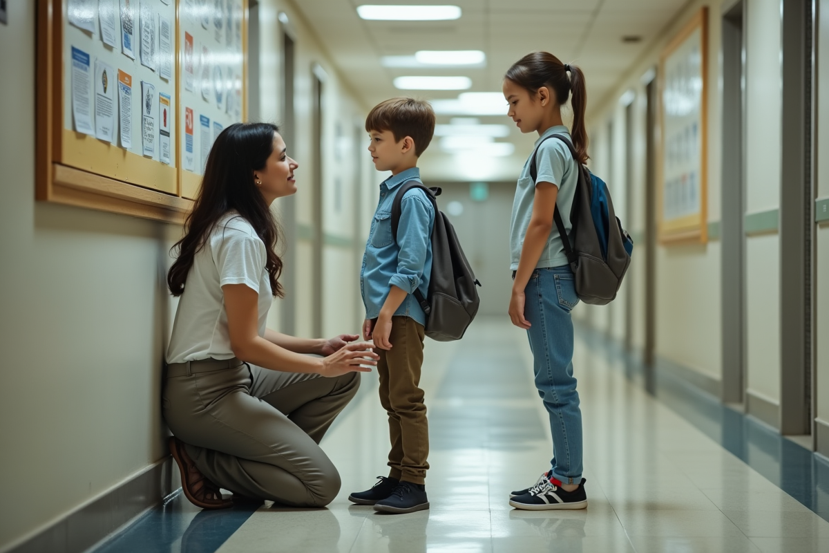 Femme aidant un garçon à lire un panneau d