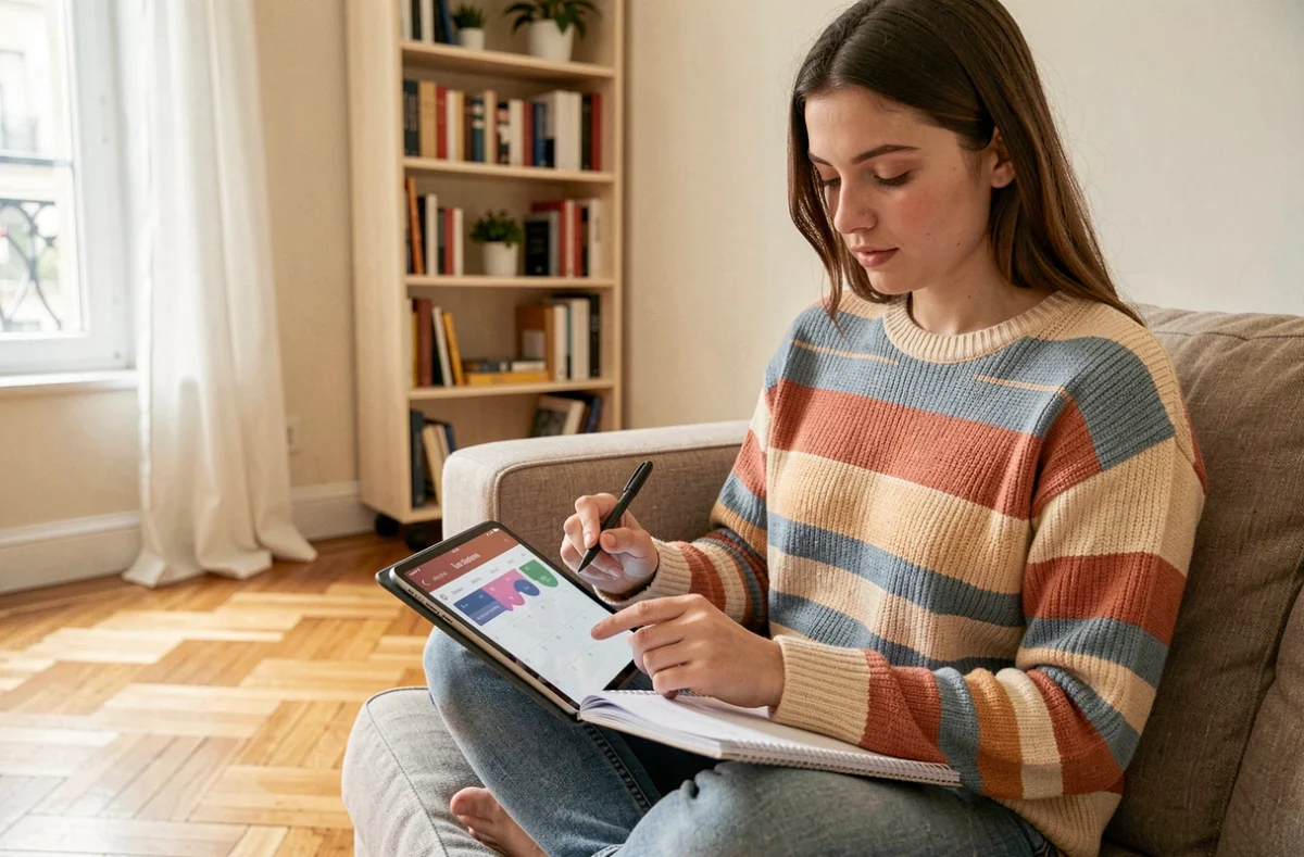 Jeune femme consultant le calendrier des vacances scolaires 2026 par zone sur une tablette dans un appartement parisien