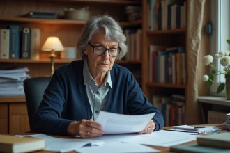 Femme consultant des documents administratifs CAF à son bureau à domicile, illustrant la prime de dénonciation et les démarches officielles