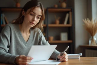 Femme écrivant un message de condoléances sur une carte blanche, assise à un bureau en bois dans un intérieur calme et chaleureux