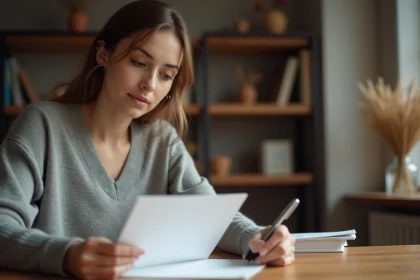 Femme écrivant un message de condoléances sur une carte blanche, assise à un bureau en bois dans un intérieur calme et chaleureux