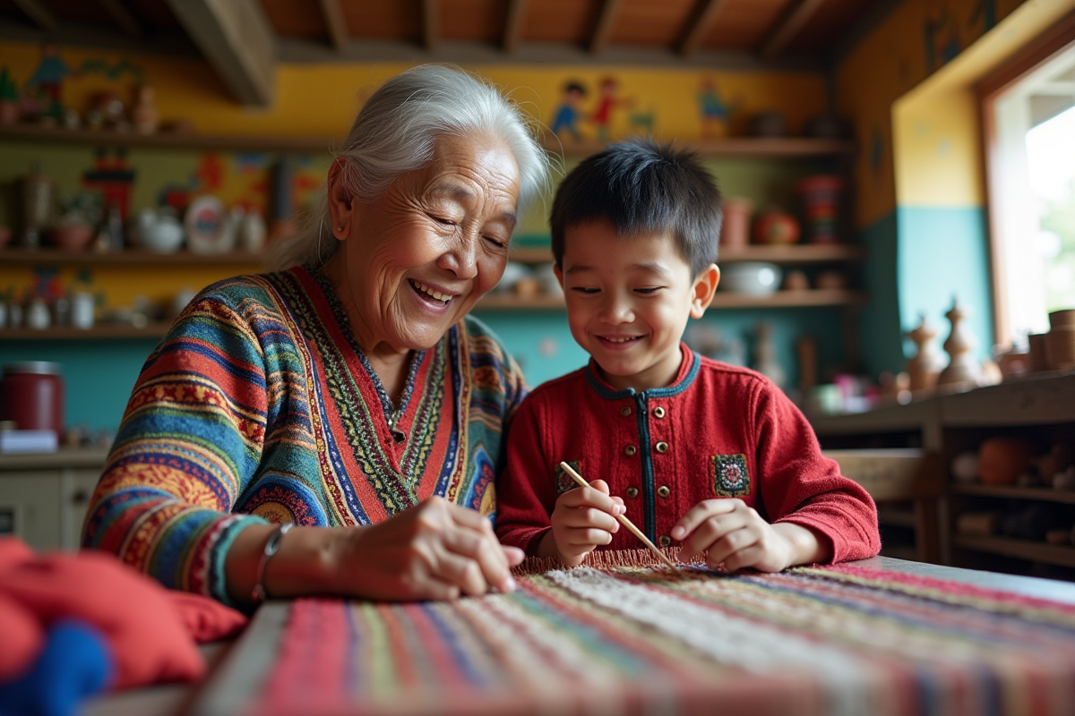 Femme âgée et enfant tissent une tapisserie colorée