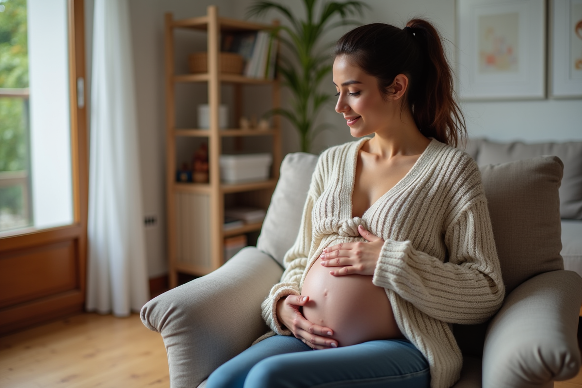 Femme enceinte assise dans un salon moderne