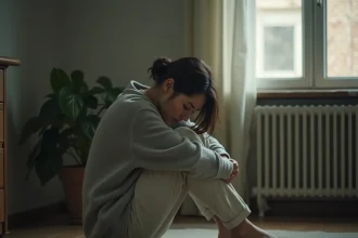 Jeune femme adulte recroquevillée sur le sol d'un appartement, illustrant la vulnérabilité émotionnelle et les dynamiques toxiques liées au syndrome de la femme enfant