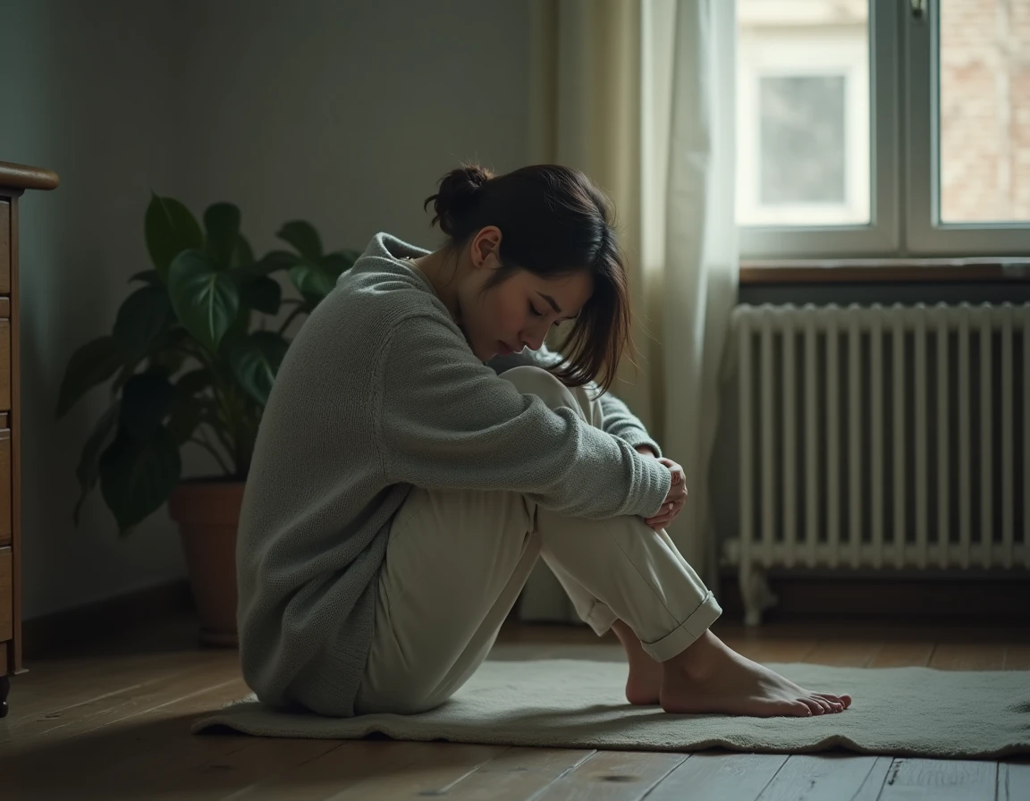 Jeune femme adulte recroquevillée sur le sol d'un appartement, illustrant la vulnérabilité émotionnelle et les dynamiques toxiques liées au syndrome de la femme enfant