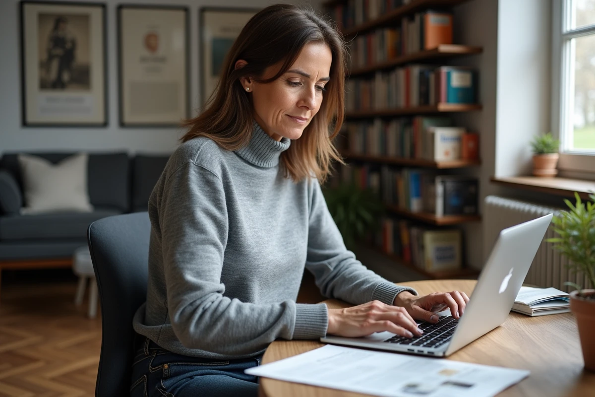 Femme française consultant un article sur son ordinateur dans un appartement parisien, représentant l'intérêt du public pour une révélation médiatique sur une personnalité connue