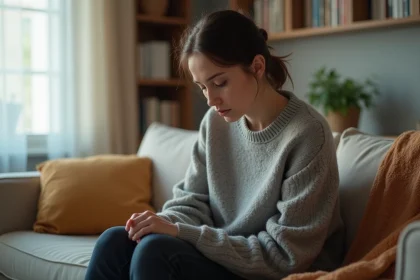 Femme seule sur un canapé après une dispute, regard triste et pensif, atmosphère silencieuse dans un appartement moderne