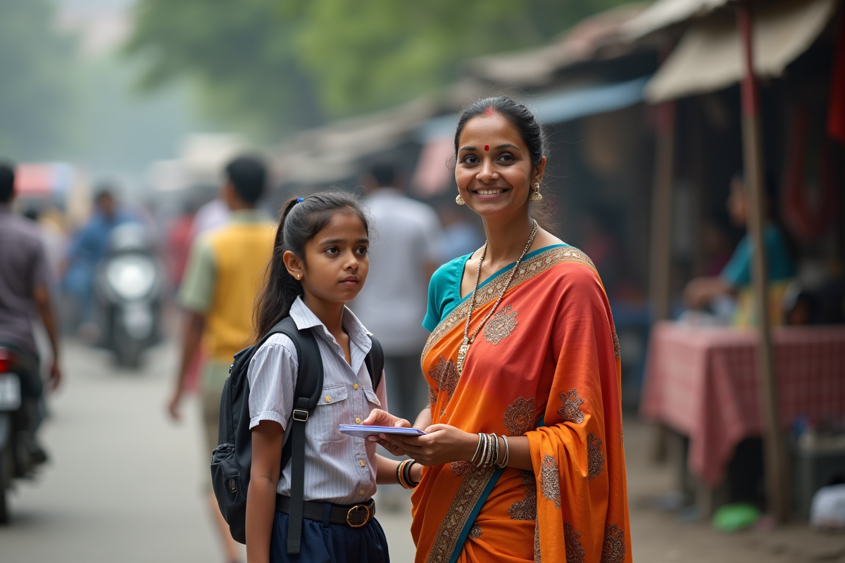 Femme indienne en saree coloré dans une rue animée