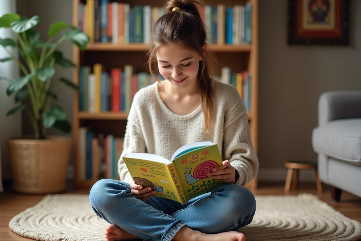 Femme lisant un livre bilingue français-anglais pour enfants avec des illustrations d'escargots, ambiance cosy