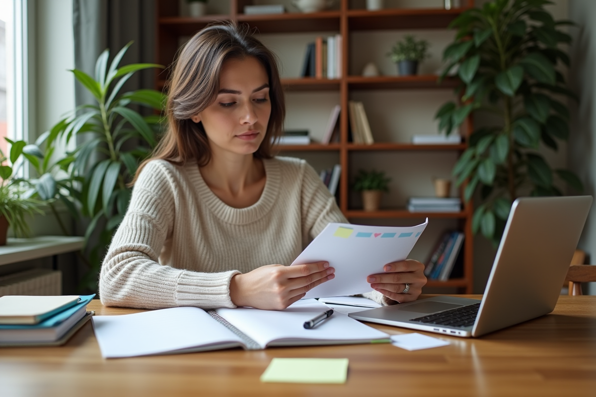 Femme organisée planifiant sa semaine dans un appartement lumineux