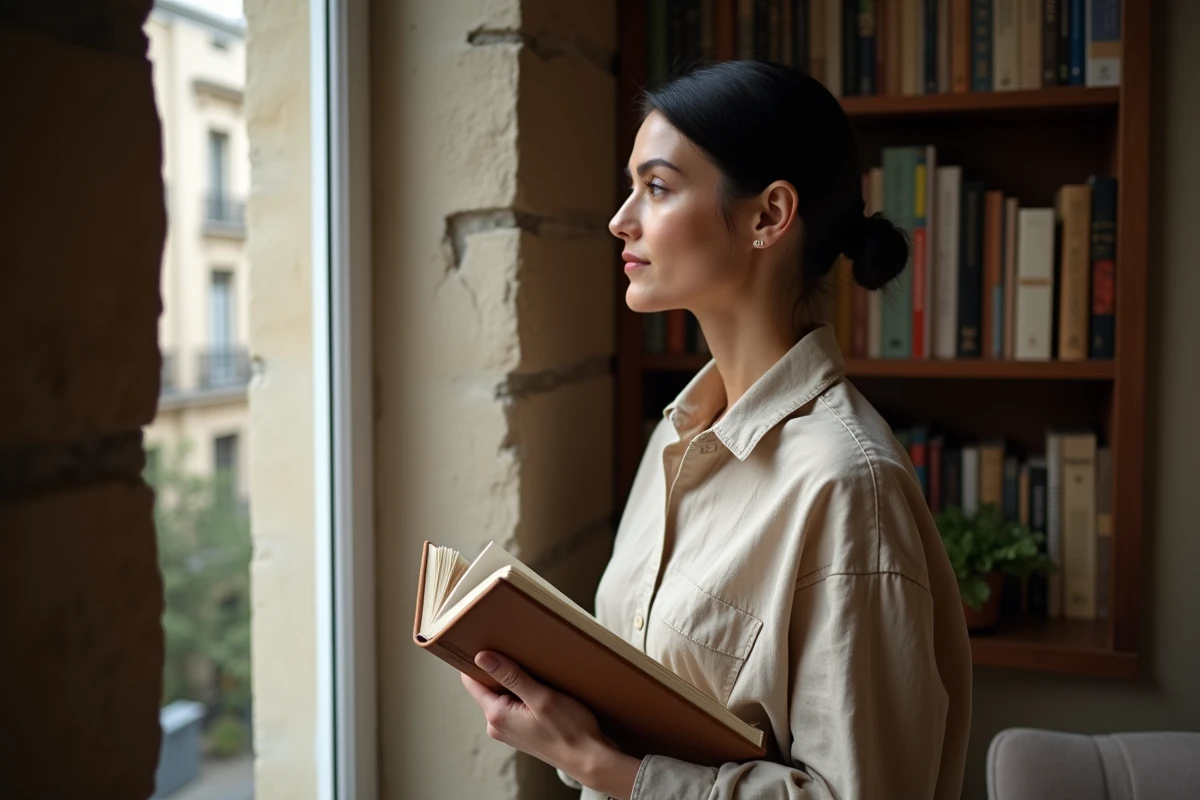 Femme pensive regardant par la fenêtre dans un appartement parisien élégant, symbolisant la confidentialité et le respect de la vie intime