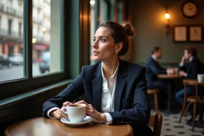 Femme pensive dans un café parisien réfléchissant à son désir d'enfant et à ses choix de vie personnels