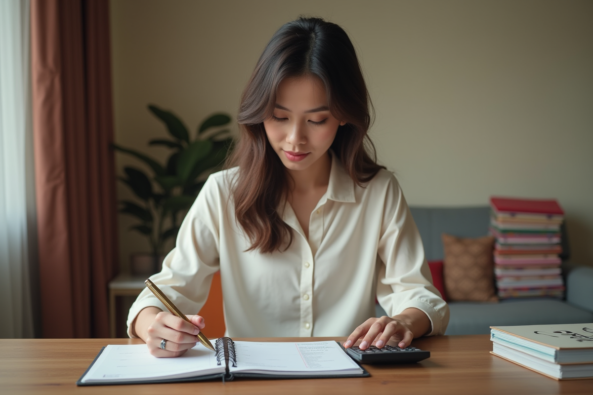 Femme planifiant un budget de fête seule à la maison