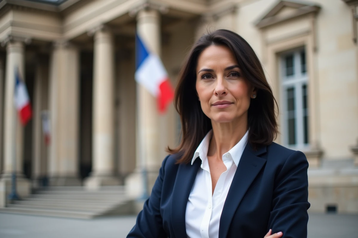 Femme politique française en blazer marine devant un bâtiment institutionnel avec drapeau tricolore