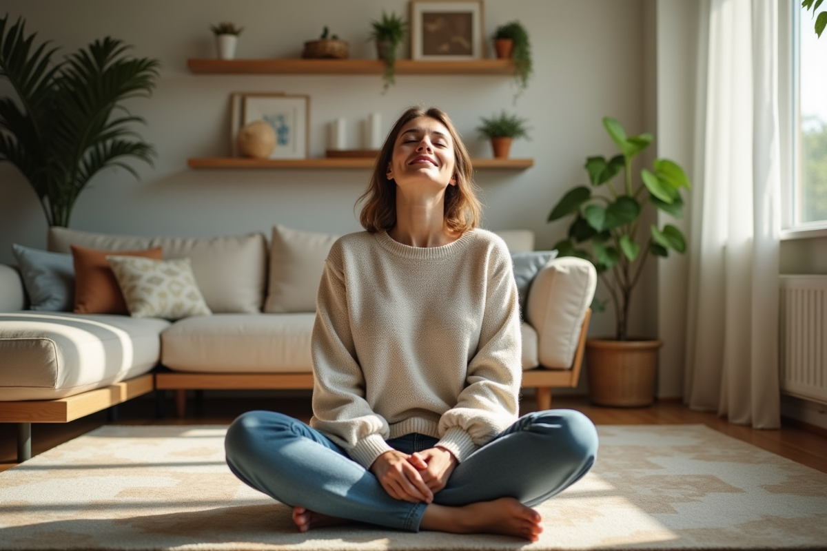 Femme assise en méditation dans un salon cosy