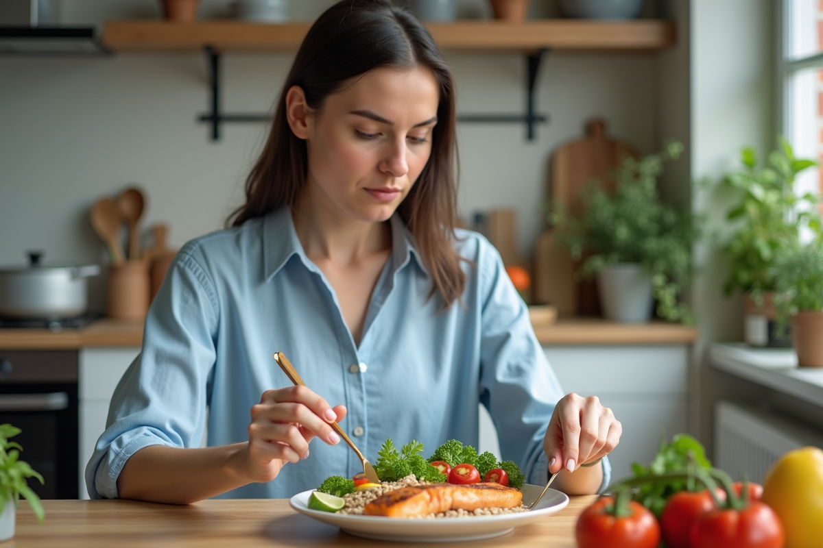 Jeune femme assemble un repas équilibré dans la cuisine