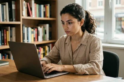 Jeune femme réfléchissant devant un écran d'ordinateur portable, illustrant la prudence face aux informations en ligne