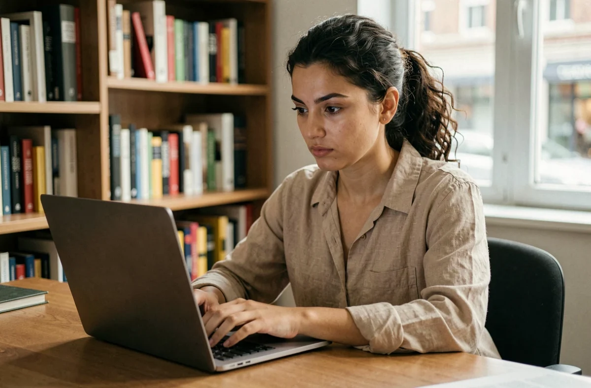 Jeune femme réfléchissant devant un écran d'ordinateur portable, illustrant la prudence face aux informations en ligne