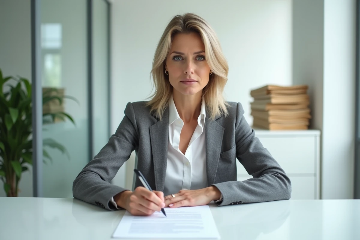 Femme signant un acte de succession chez le notaire dans un bureau moderne et épuré