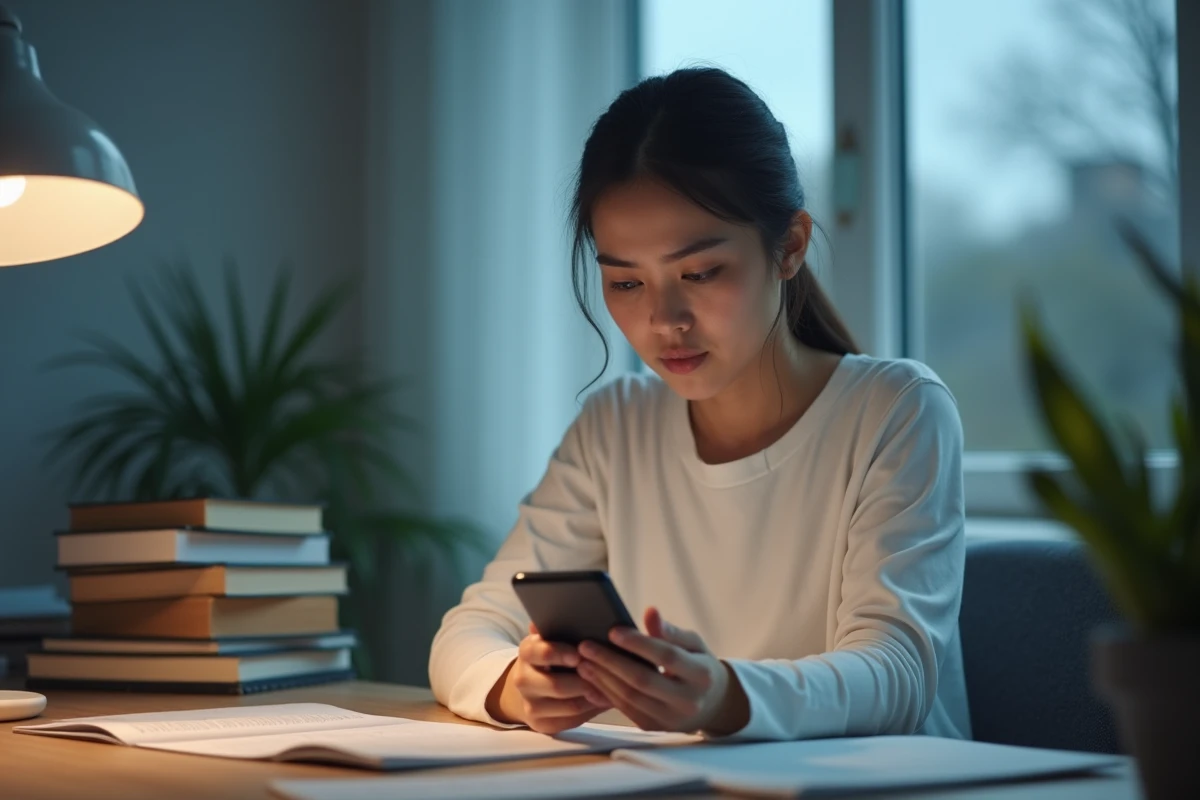 Femme hésitante devant son téléphone, cherchant quoi écrire après une dispute, expression anxieuse et réfléchie