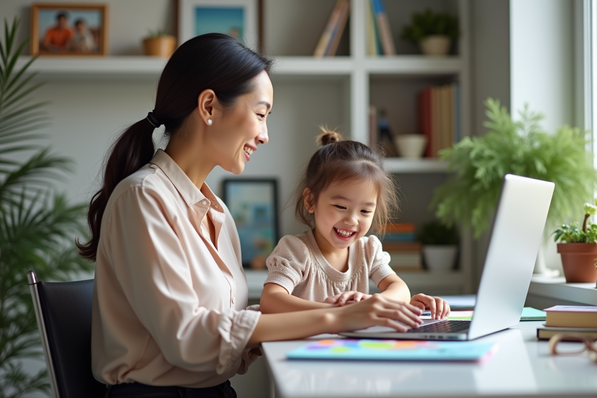 Femme souriante avec sa fille dans un bureau à la maison