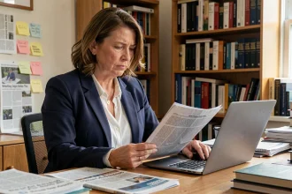 Femme lisant des articles en ligne et imprimés sur un mari controversé, expression sceptique dans un bureau encombré