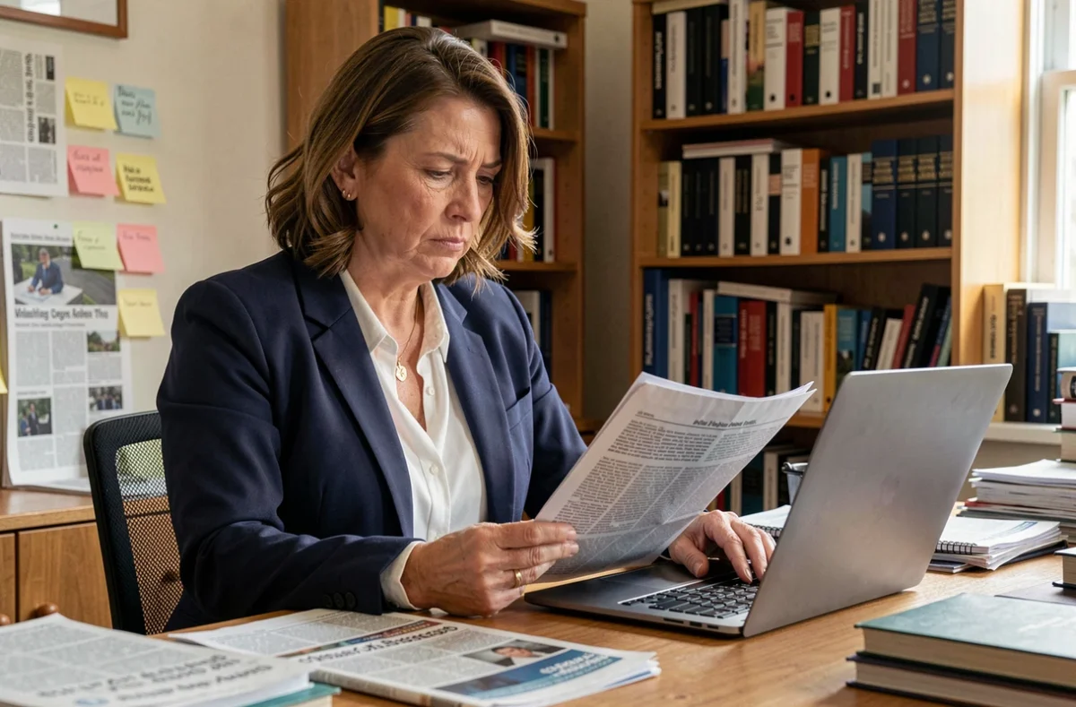 Femme lisant des articles en ligne et imprimés sur un mari controversé, expression sceptique dans un bureau encombré