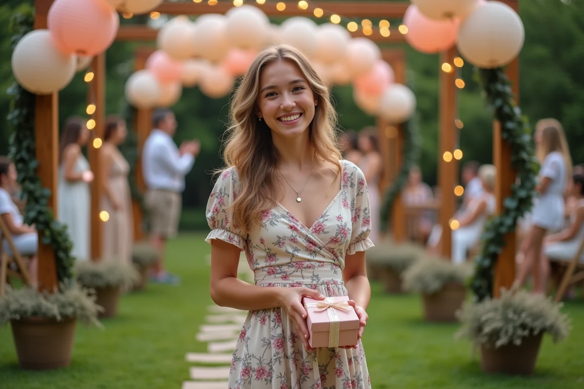 Jeune femme de 18 ans souriante tenant un cadeau lors d'une fête d'anniversaire surprise en plein air avec des lanternes et ballons pastel