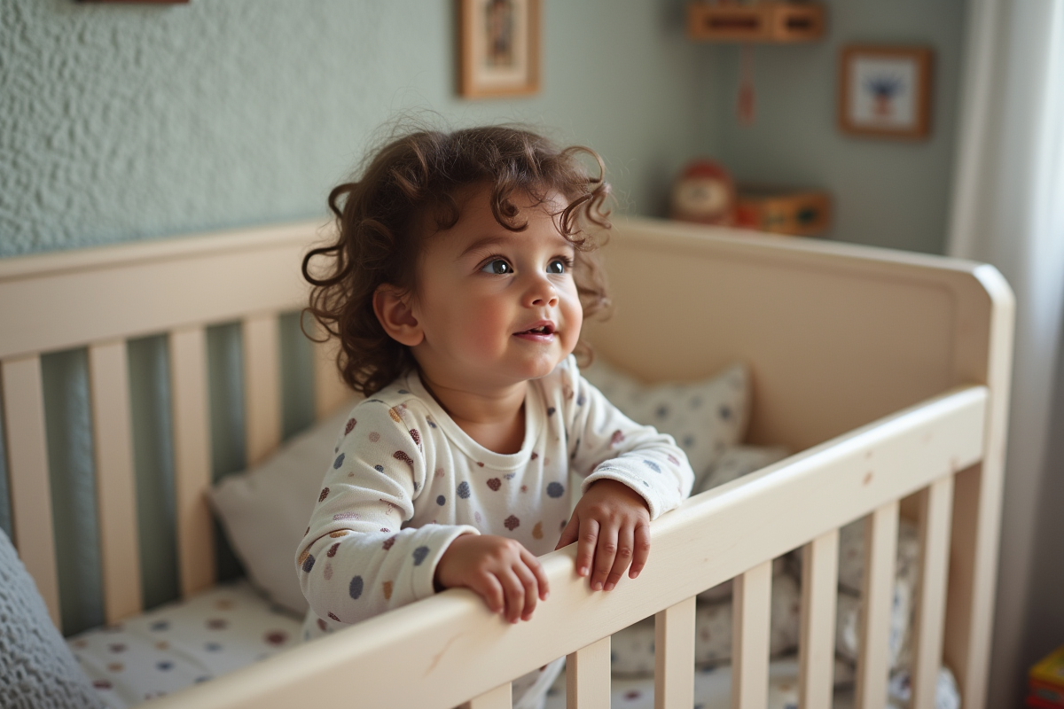 Fille de deux ans assise dans son lit regardant dehors