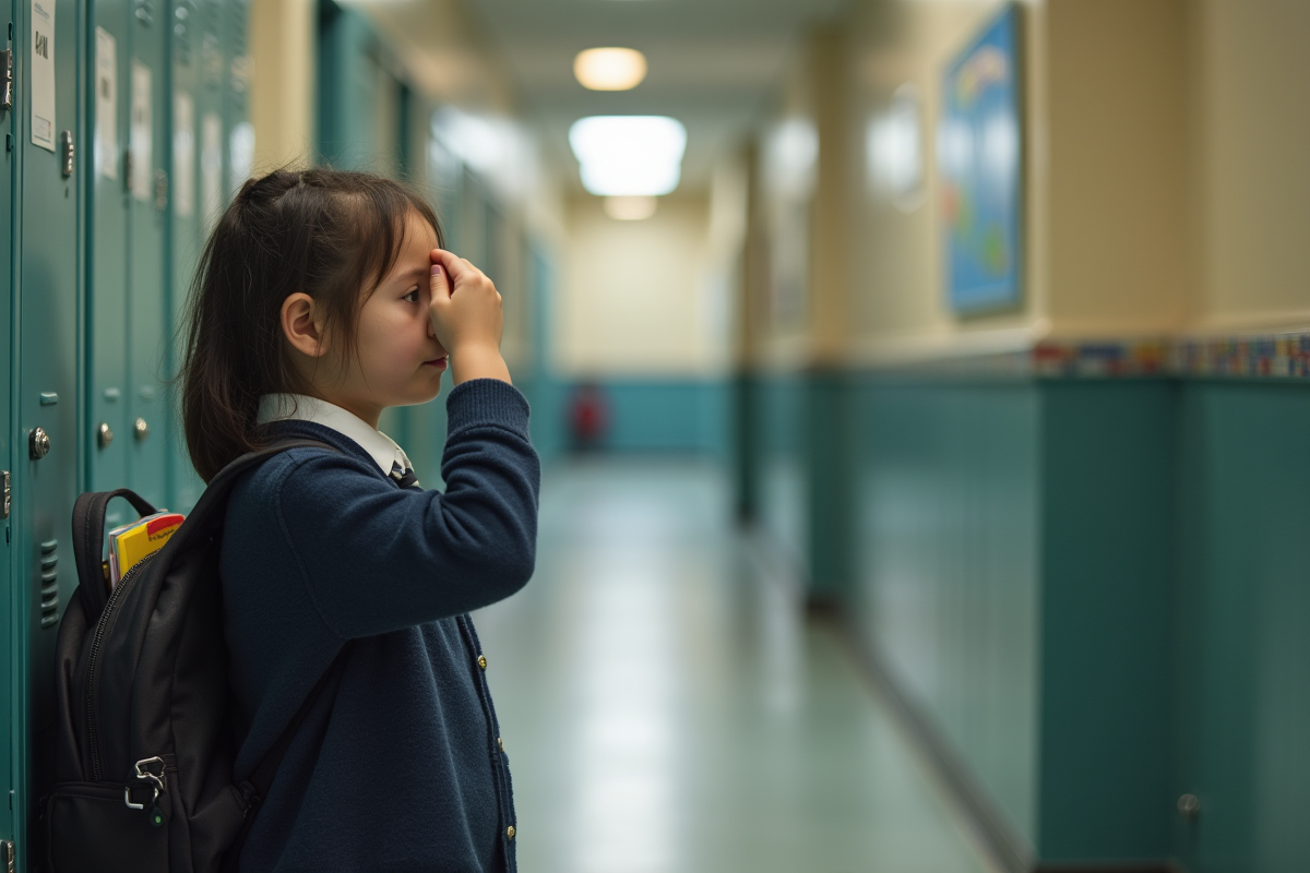 Fille de 9 ans regardant son sac à dos scolaire