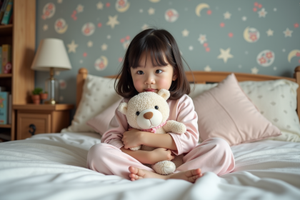 Petite fille en pyjama pastel assise sur son lit calme