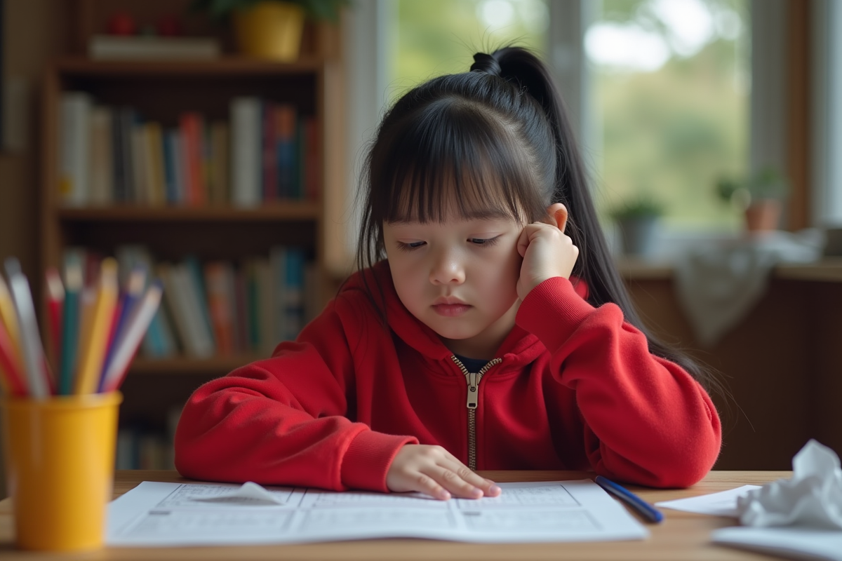 Fille de dix ans découragée avec devoirs et crayons