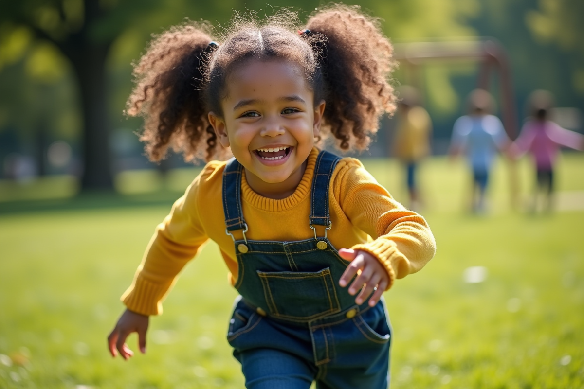 Fille de 7 ans riant en jouant dans un parc vert