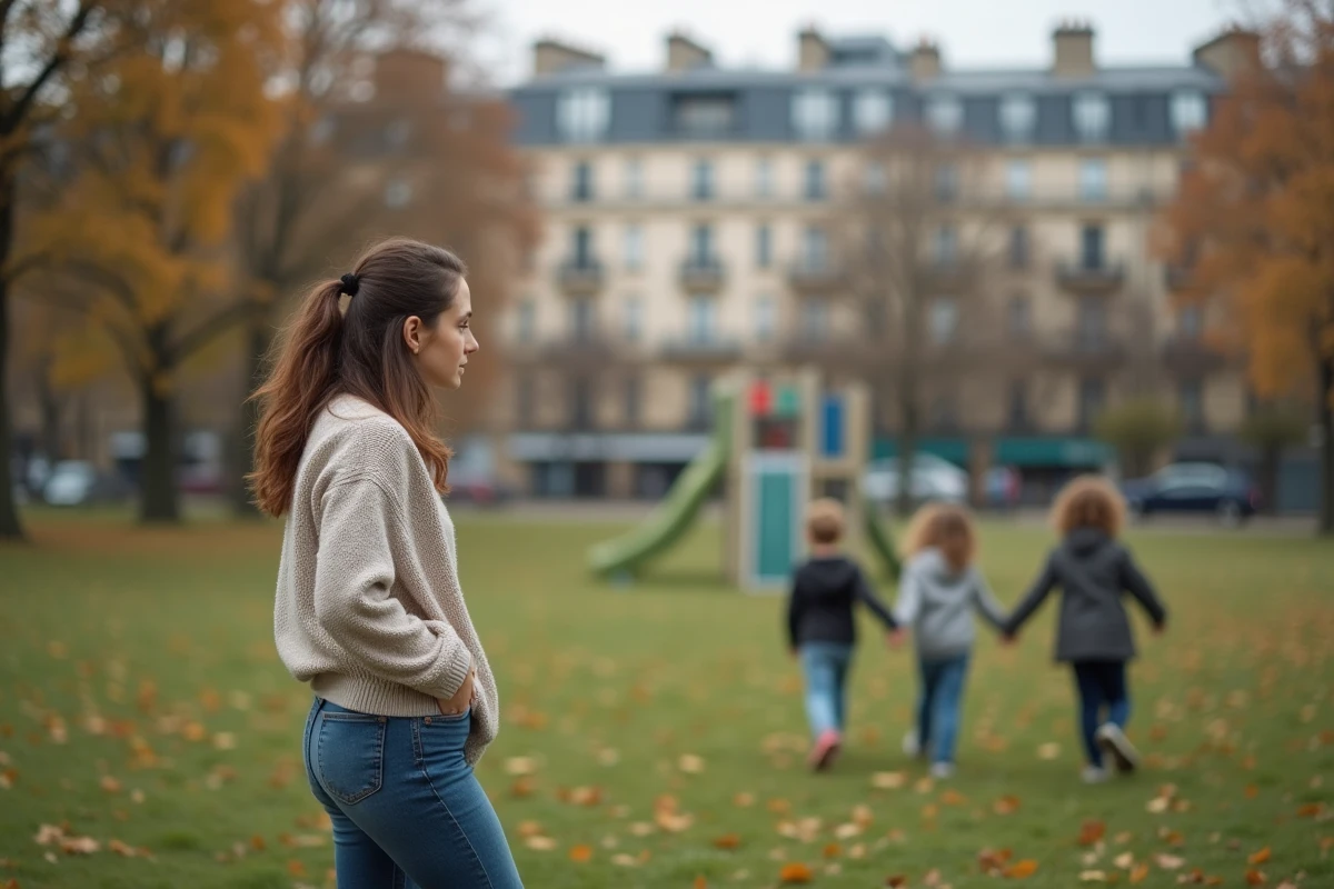 Jeune femme regardant ses enfants jouer dans un parc parisien
