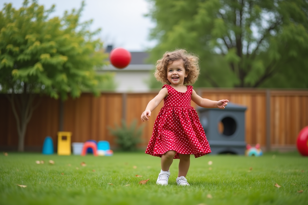 Fille de 2 ans lançant une balle dans le jardin