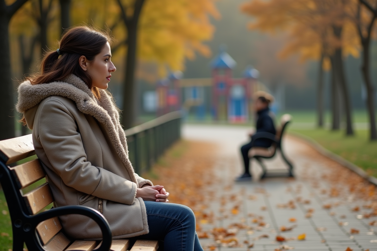 Mère et fille sur un banc en automne dans un parc